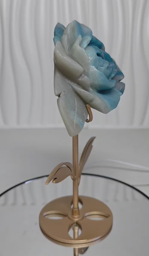 Natural Trolleite Rose Carving on Gold Flower Stand