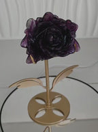Purple Fluorite Rose Carving with Gold Stand
