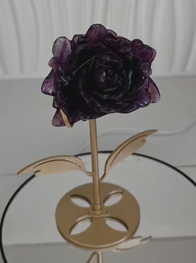 Purple Fluorite Rose Carving with Gold Stand