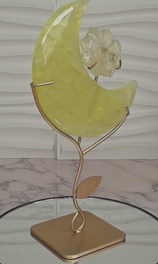Citrine Crescent Moon with Flower on Stand