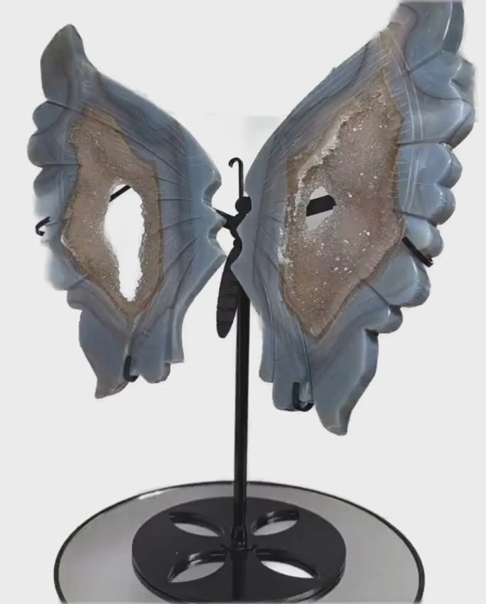 Large Blue Agate Butterfly Druzy Wings – One of a Kind Crystal Sculpture