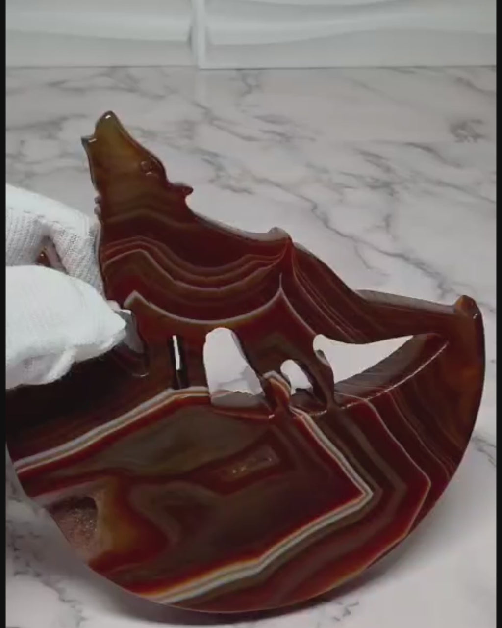 Carnelian Agate Howling Wolf Crescent Moon Carving with Stand