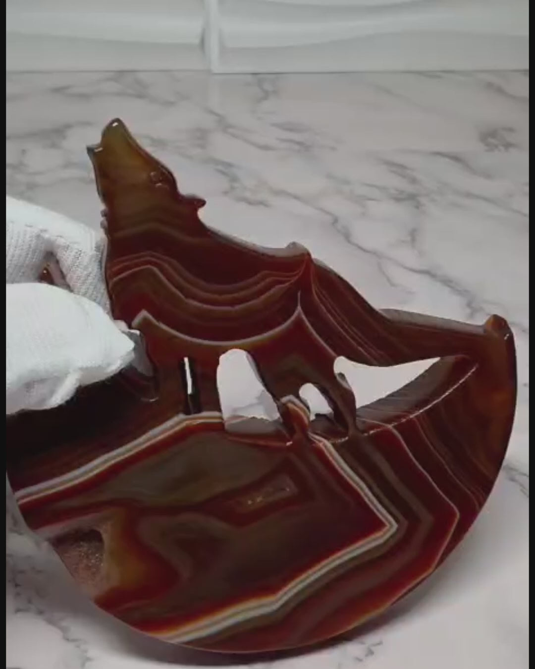 Carnelian Agate Howling Wolf Crescent Moon Carving with Stand