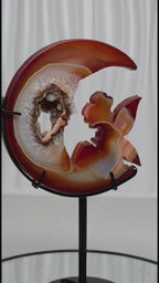 Carnelian Agate Fairy Moon Carving with Druzy Geode | 7" Crystal Sculpture on Stand