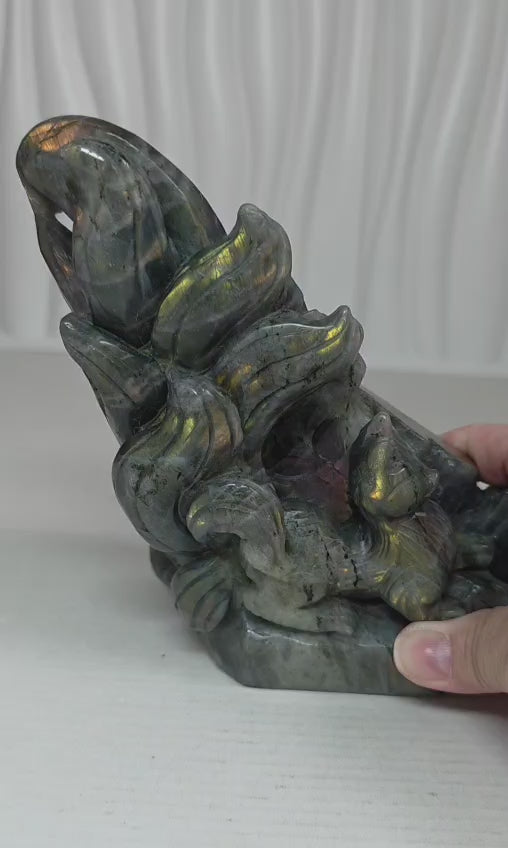 Labradorite Nine-Tailed Fox Kitsune Statue | Large Crystal Carving