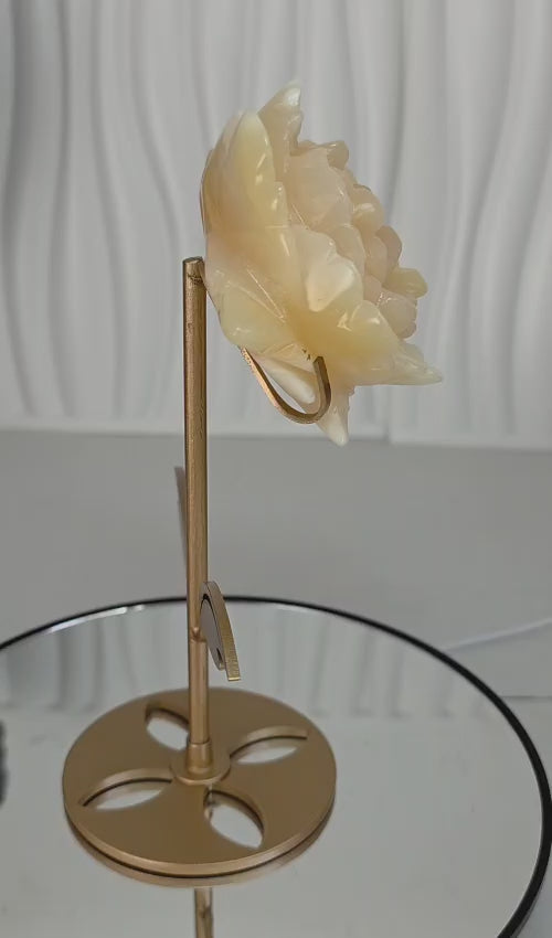 Yellow Calcite Rose Carving with Gold Stand