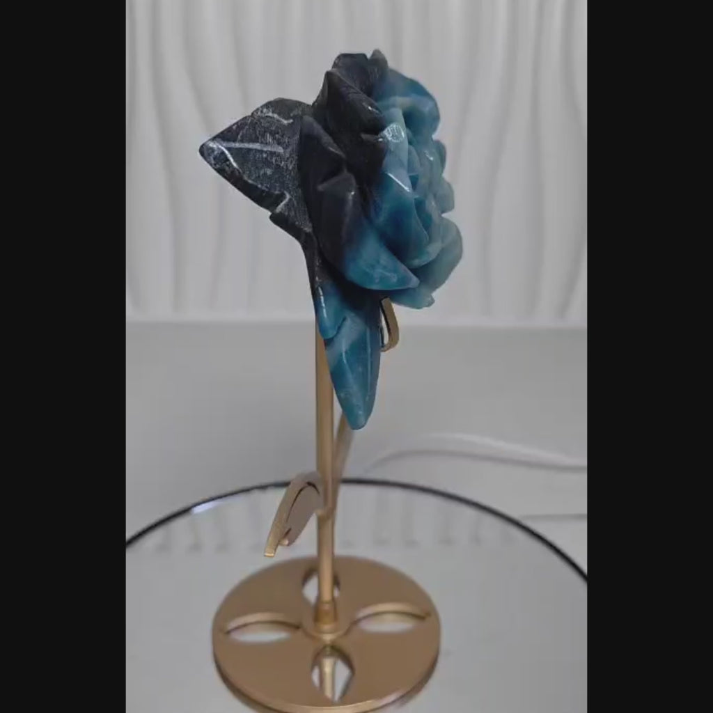 Natural Trolleite Rose Carving on Gold Stand