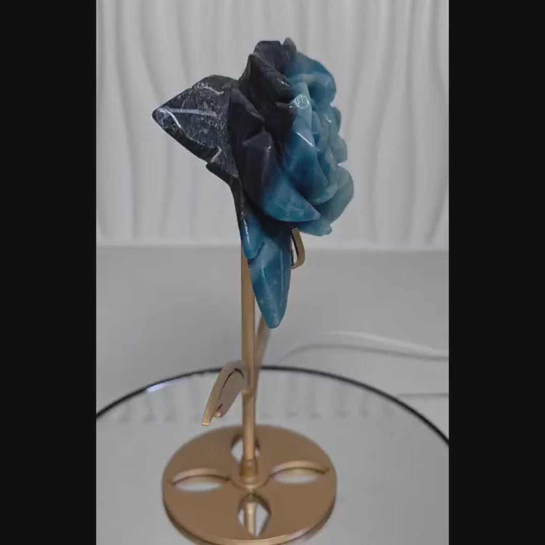 Natural Trolleite Rose Carving on Gold Stand