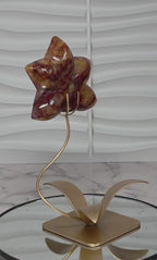 Fire Quartz Orchid Flower Carving with Gold Stand