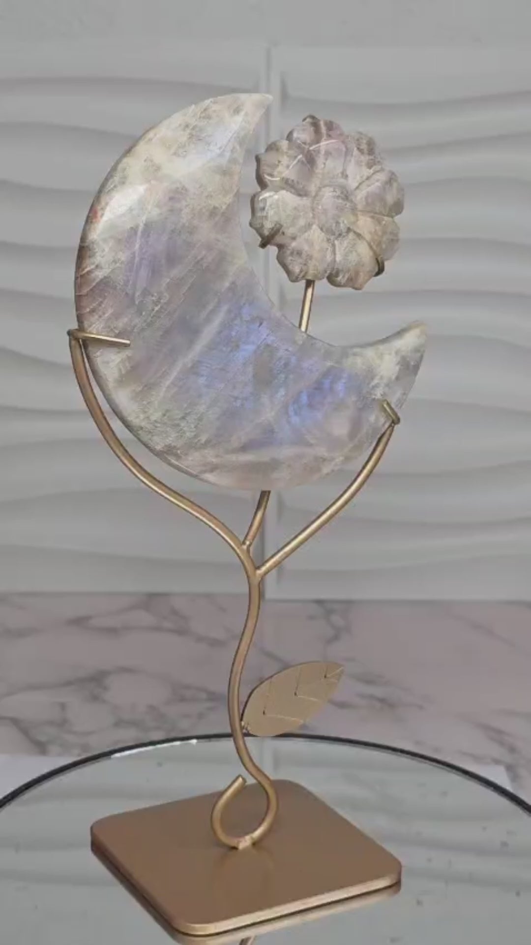 Moonstone Crescent Moon with Flower on Stand