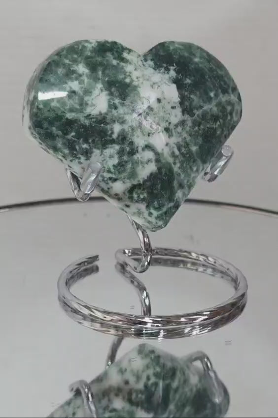 Tree Agate Heart Crystal – Polished Green & White Stone Carving, 3" Wide