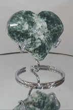 Tree Agate Heart Crystal – Polished Green & White Stone Carving, 3" Wide