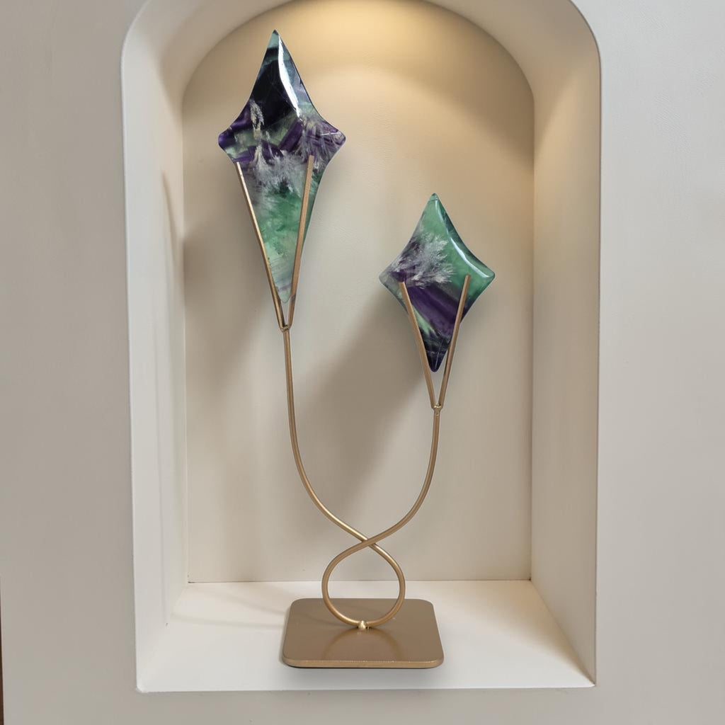 Rainbow Fluorite Star Sculpture with Gold Stand