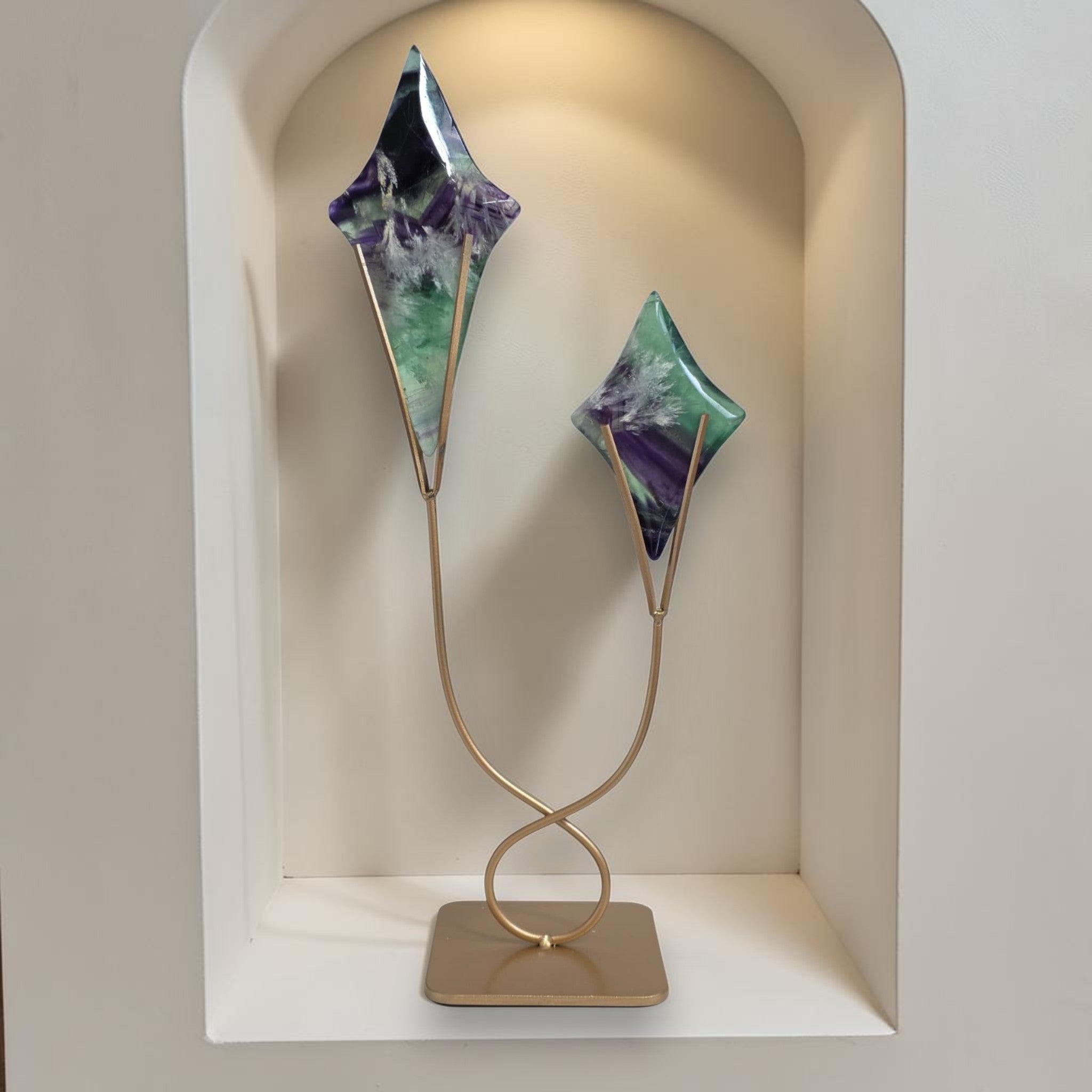 Rainbow Fluorite Star Sculpture with Gold Stand