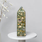 Rainforest jasper druzy tower with light gray cap, green field with tan and orange pockets