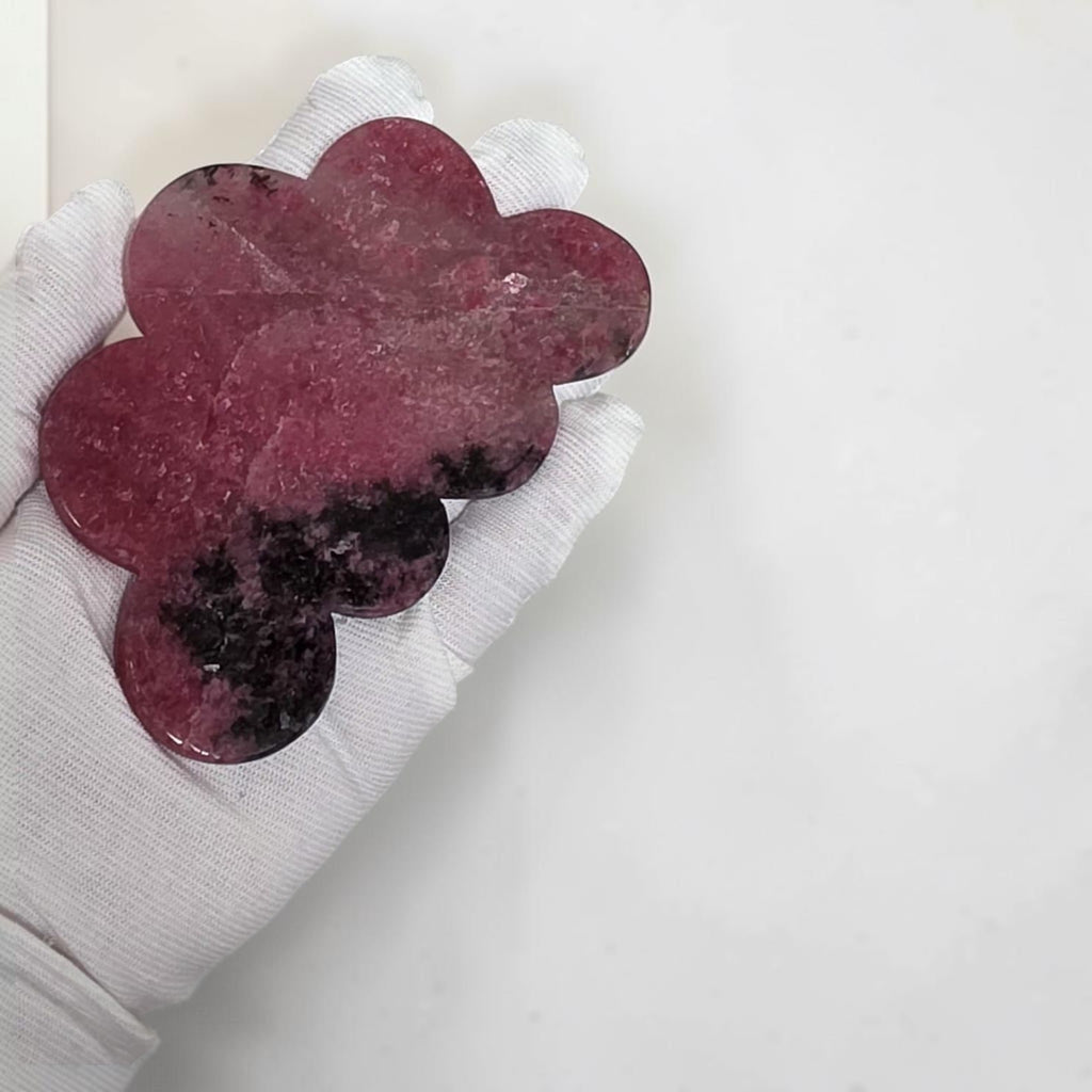 Rhodonite rain cloud crystal cluster held in white glove; pink with dark mineral specks