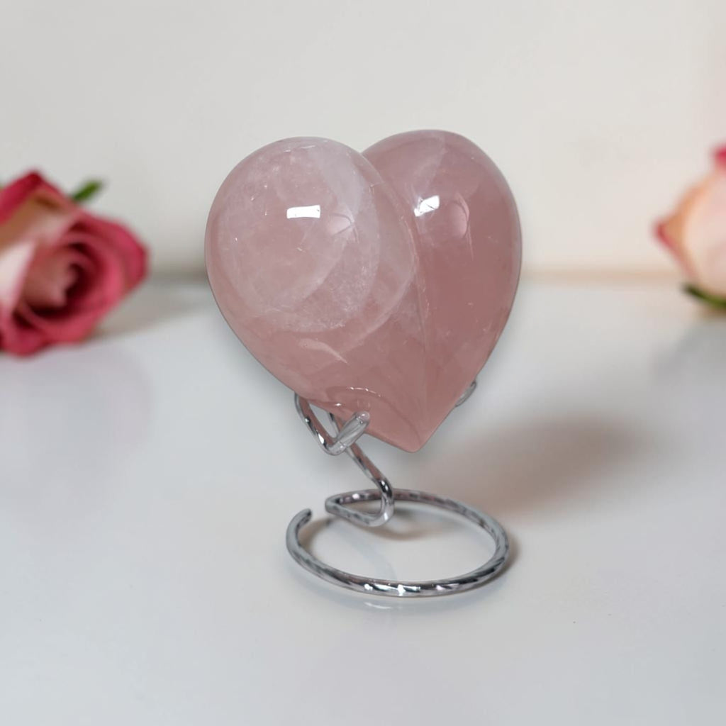 Large Rose Quartz Heart – Puffy Polished Crystal Carving, 3.7" Wide