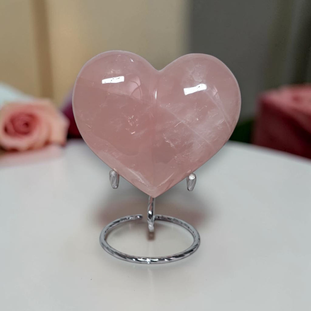 Large Rose Quartz Heart – Puffy Polished Crystal Carving, 3.7" Wide