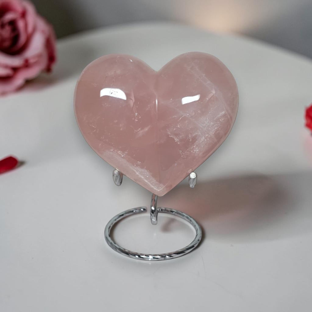 Large Rose Quartz Heart – Puffy Polished Crystal Carving, 3.7" Wide