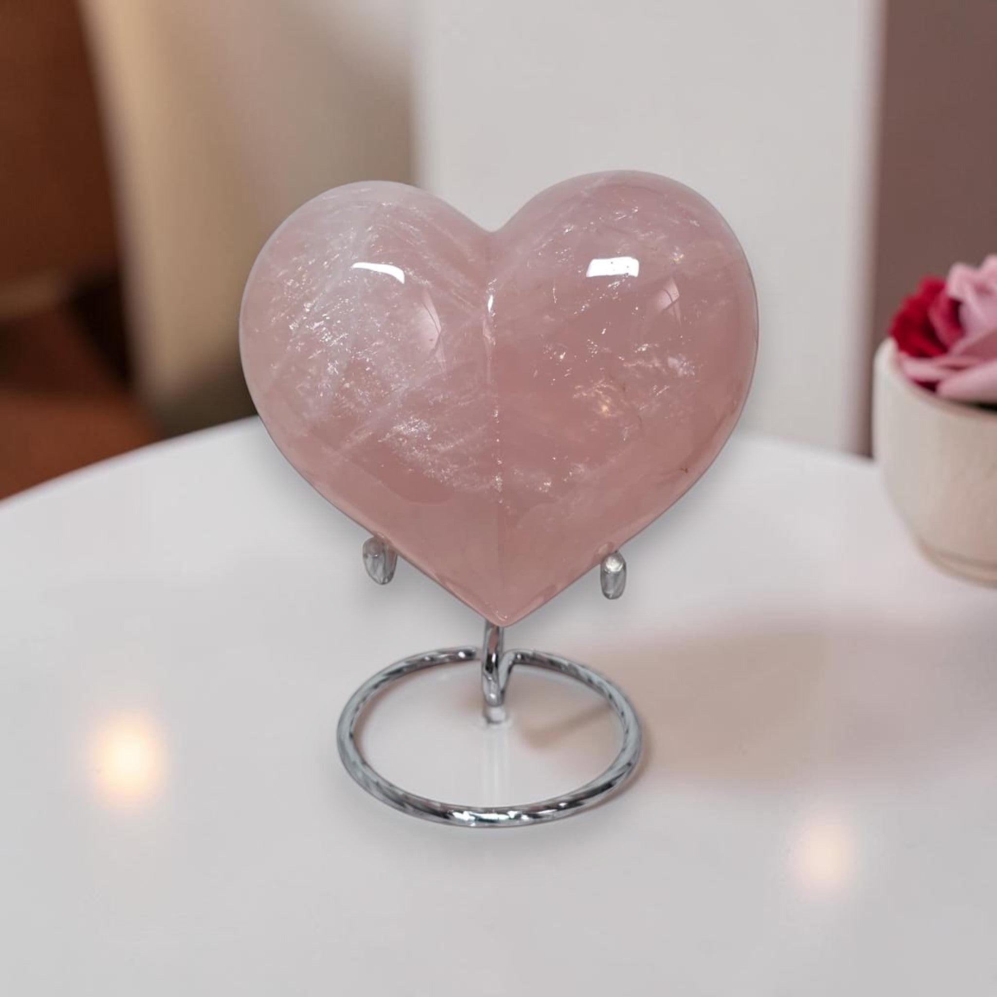 Large Rose Quartz Heart – Puffy Polished Crystal Carving, 3.7" Wide