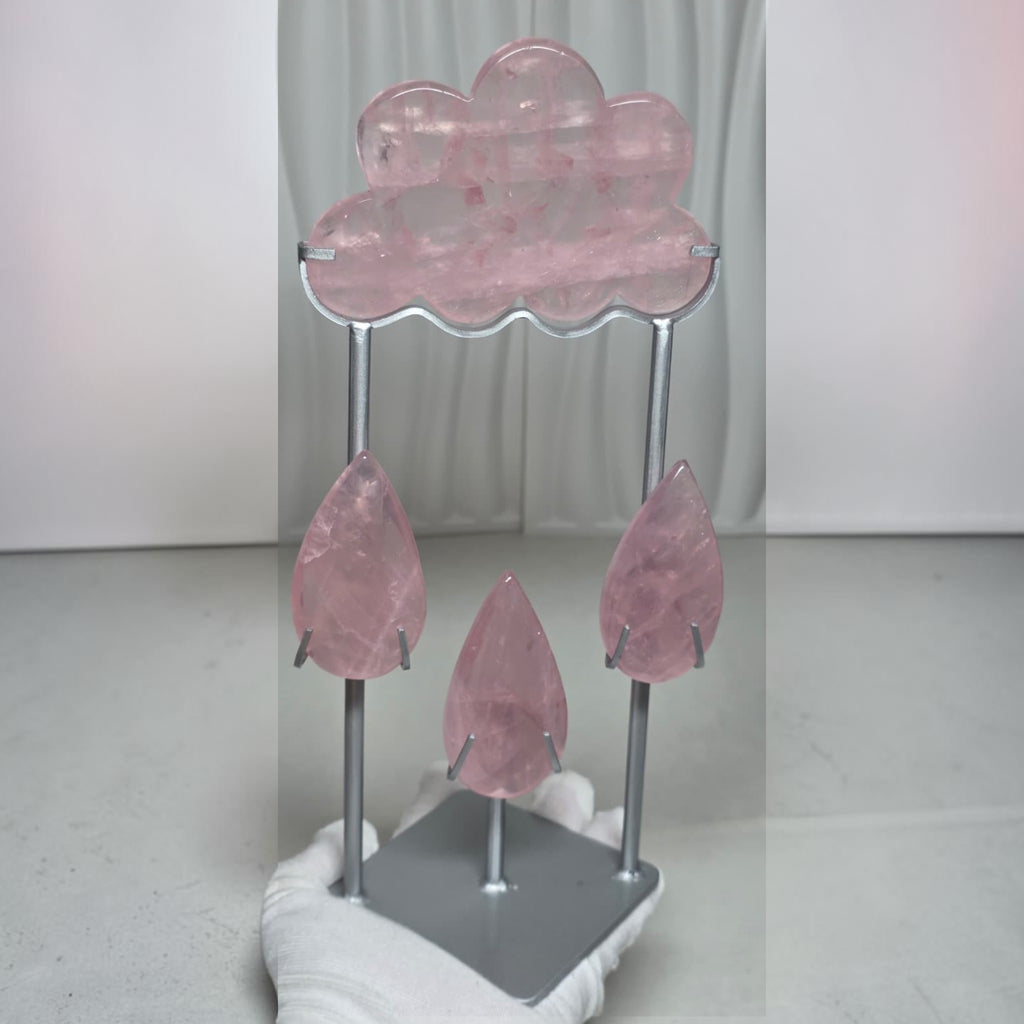 Rose quartz rain cloud crystal sculpture with cloudy top and three crystal drops