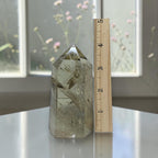 Smoky quartz tower 4 inch next to ruler showing size