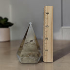 Smoky quartz faceted pyramid tower side view with ruler showing 3.5 inch height