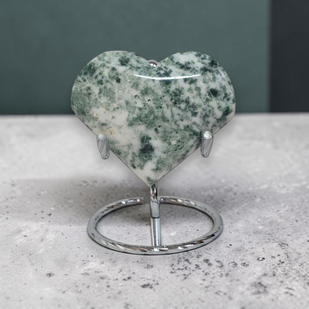 Tree Agate Heart Crystal – Polished Green & White Stone Carving, 3" Wide