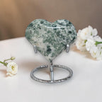 Tree Agate Heart Crystal – Polished Green & White Stone Carving, 3" Wide