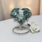 Tree Agate Heart Crystal – Polished Green & White Stone Carving, 3" Wide