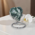 Tree Agate Heart Crystal – Polished Green & White Stone Carving, 3" Wide