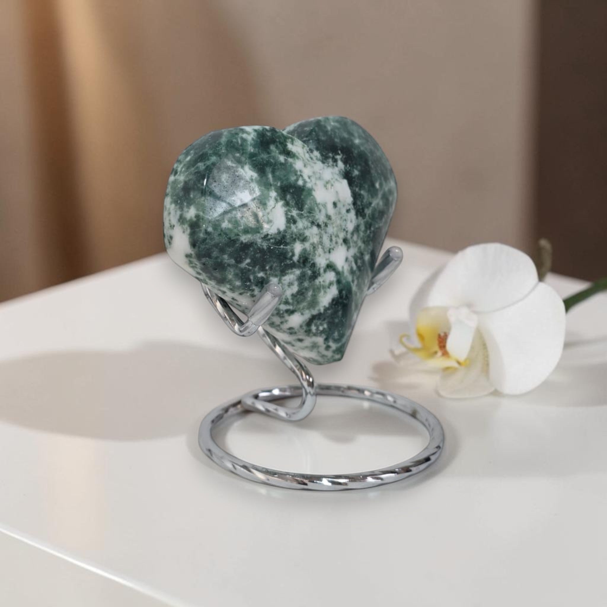 Tree Agate Heart Crystal – Polished Green & White Stone Carving, 3" Wide