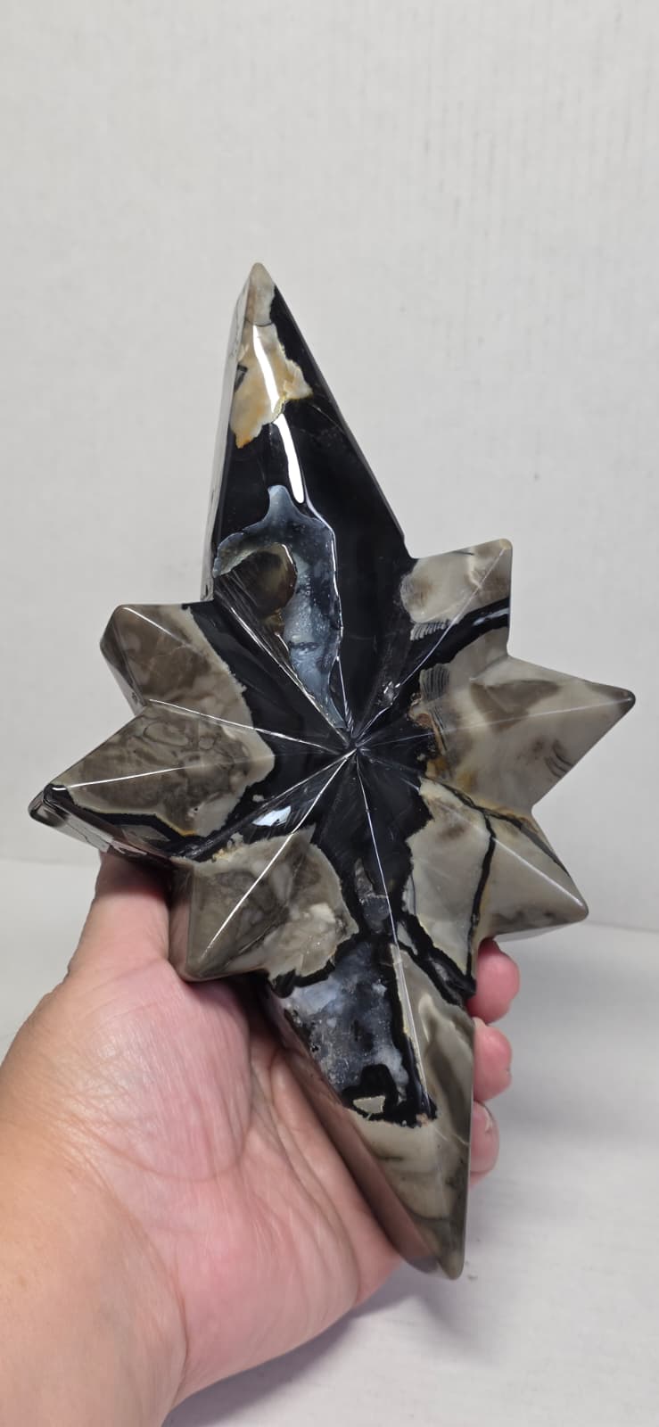 Polaris star crystal carving held in hand, dark blue with cream stone highlights