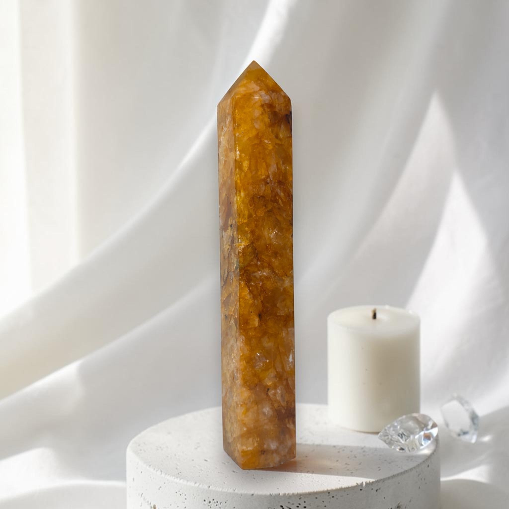 Golden Healer Quartz Tower – Rainbow Flash Crystal Point 9.5"