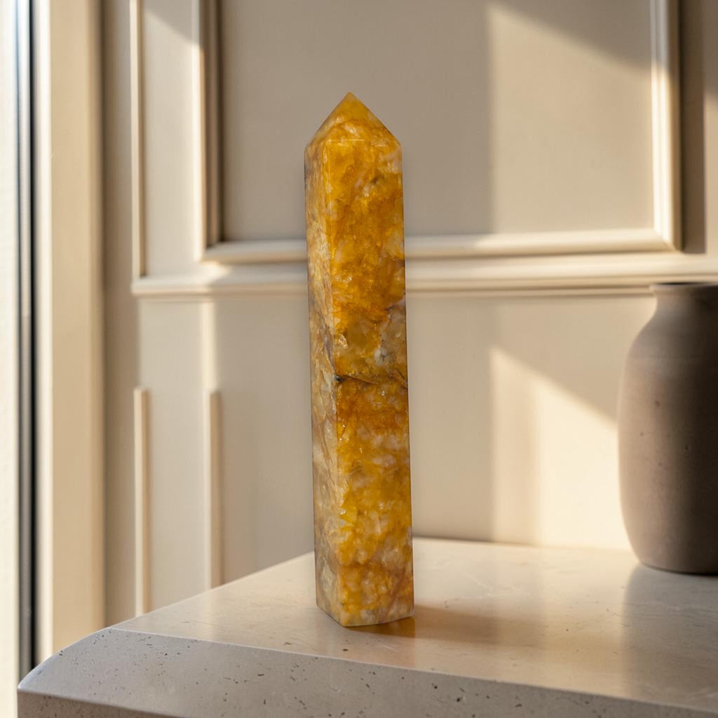 Golden Healer Quartz Tower – Rainbow Flash Crystal Point 9.5"