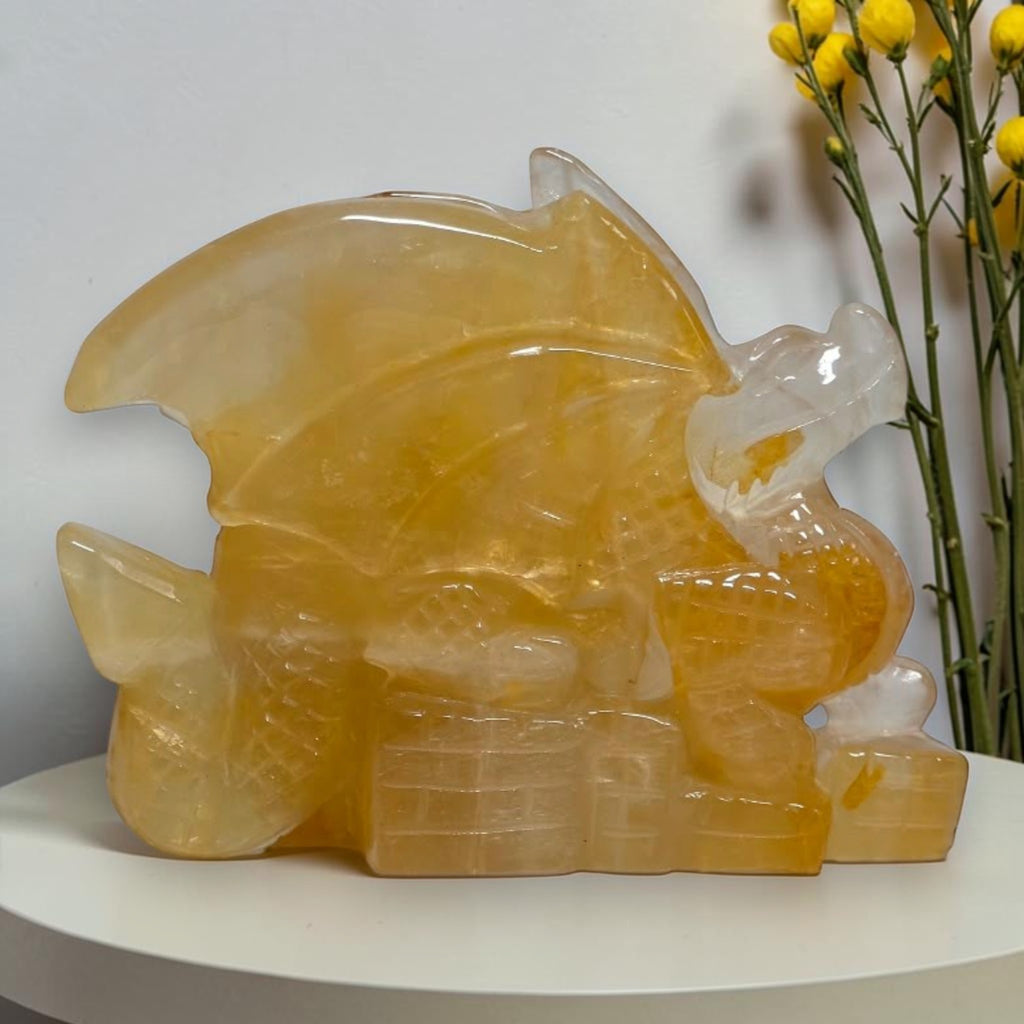 Golden yellow quartz dragon sculpture