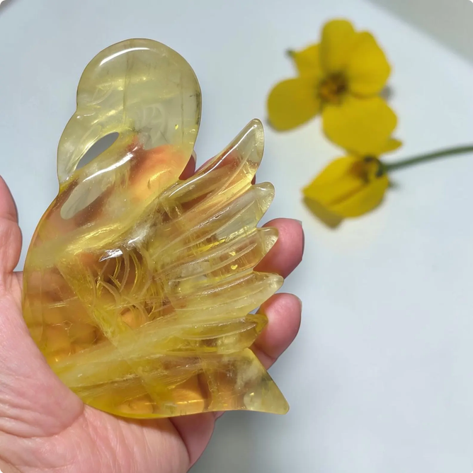 Citrine Swan & Clear Quartz Flower Crystal Set with Stand